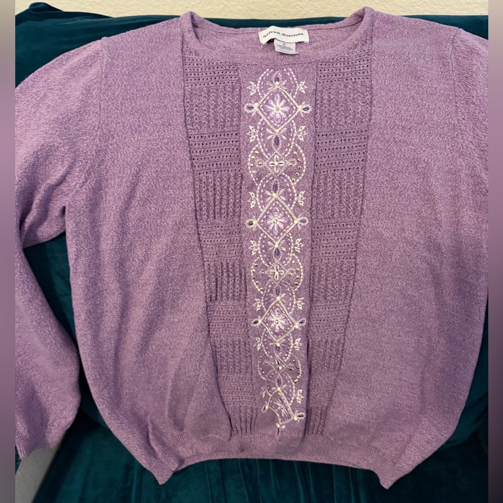 Alfred Dunner Sweater Women's Small Embellished Pullover Purple Cotton Blend
